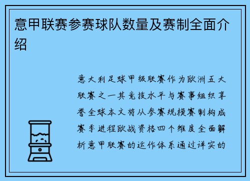 意甲联赛参赛球队数量及赛制全面介绍