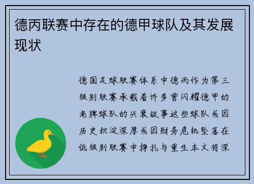 德丙联赛中存在的德甲球队及其发展现状