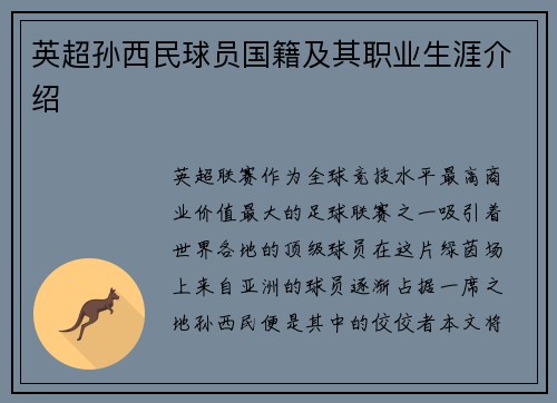 英超孙西民球员国籍及其职业生涯介绍